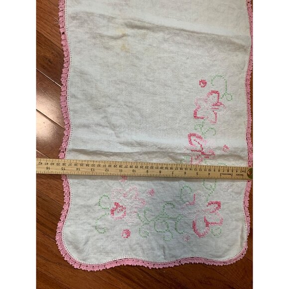 Vintage Hand-Cross Stitched Floral Table Runner with Pink Crochet Trim 36"x15" - Picture 6 of 8